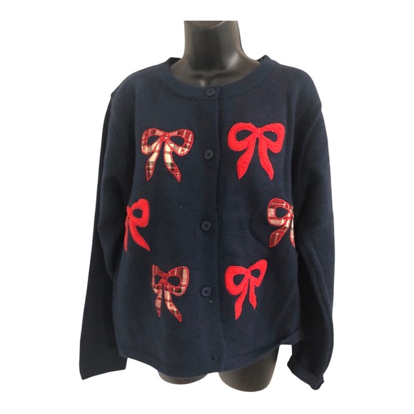 boutique Sweaters - Dark Navy Blue and‎ red bow embroidered chunky knit cardigan size XL new